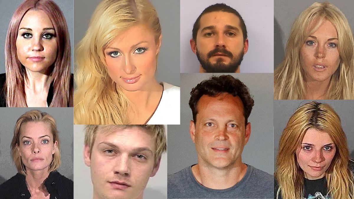 Collage of famous celebrities' mugshots when they were arrested for DUI including Paris Hilton and Vince Vaughn.