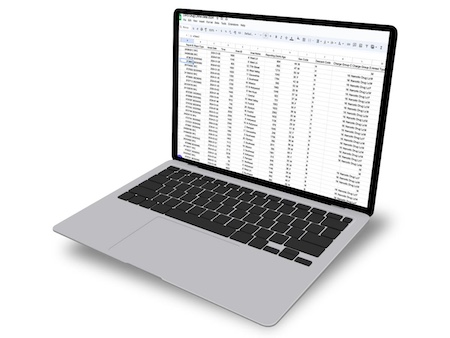 Spreadsheet of LAPD drug crime data mockup on a laptop computer.